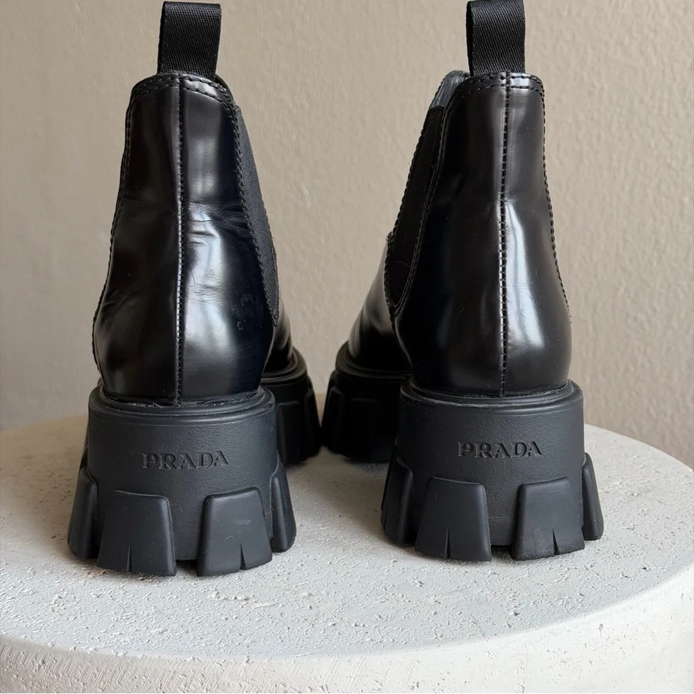 Prada Monolith Chelsea Boots in brushed leather, size 36